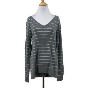 Gap Brooklyn Sweater Womens S Small Grey Merino Wool Striped Ribbed V Neck Knit
